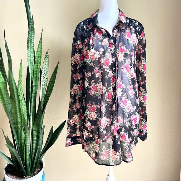 No Boundaries Black Floral Sheer Button Up Collared Blouse Shirt XL - Picture 1 of 8